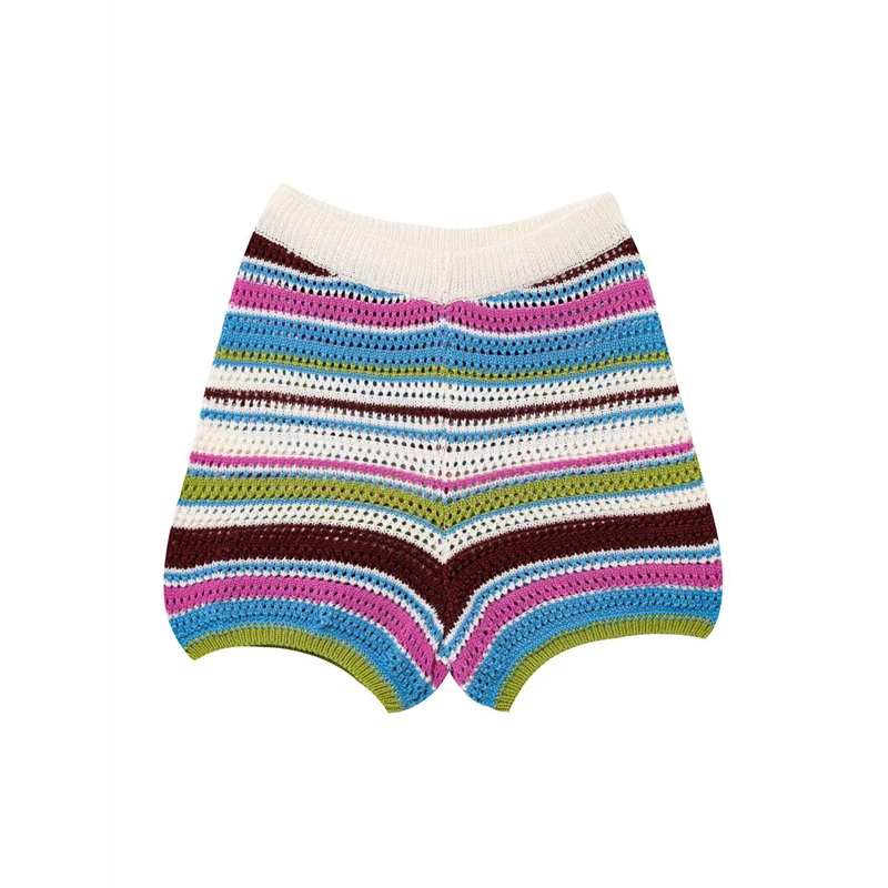 

CYL-женские короткие комплекты крючком, полосатый кардиган на пуговицах с шортами, вязаная одежда из двух предметов, розово-красные шорты M