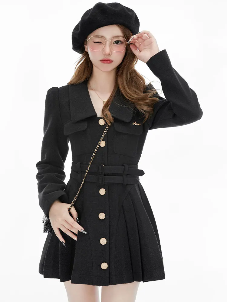 France Vintage Party Mini Dresses Women Korean Style Elegant Pleated Dress Female Warm Sweet Retro Dress Coat Autumn Winter 2022