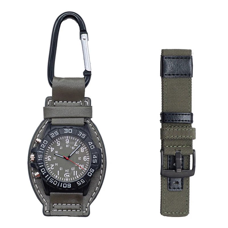 Montre de poche à quartz avec mousqueton pour la marche et le camping, cintre en cuir, horloge à affichage analogique à clipser, sac à dos extérieur, tendance