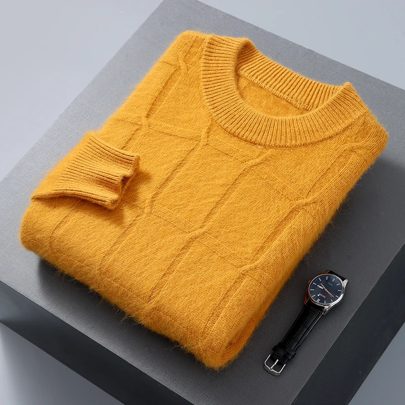 Autumn Winter New Cashmere Sweater Round Neck Men's Thickened Sweater High end Simple Knitted Loose Twisted Flower Warm Pullover