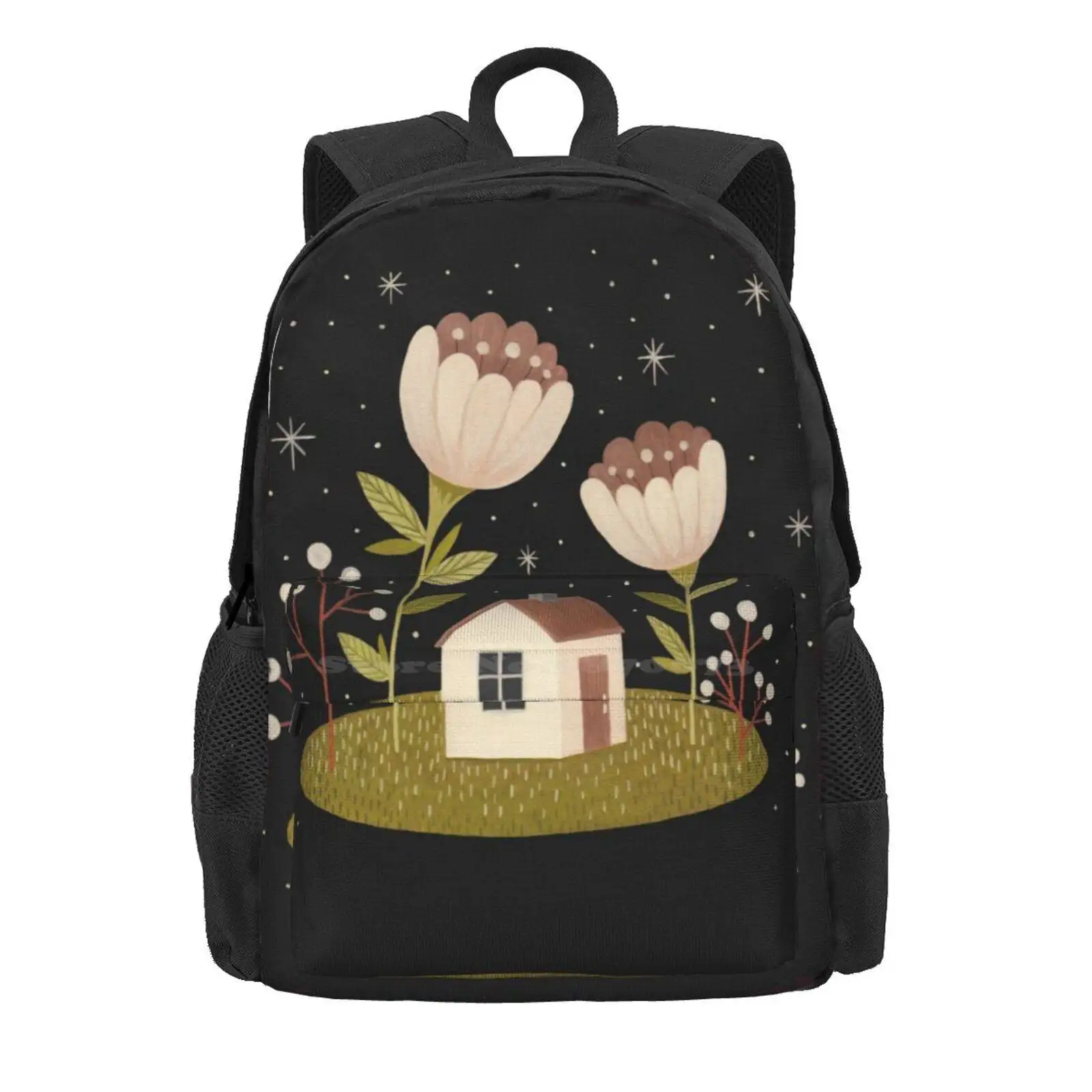 Tiny House Among Flowers Hot Sale Schoolbag Backpack Fashion Bags House Home Cabin Cottagecore Flowers Floral Plants Nature