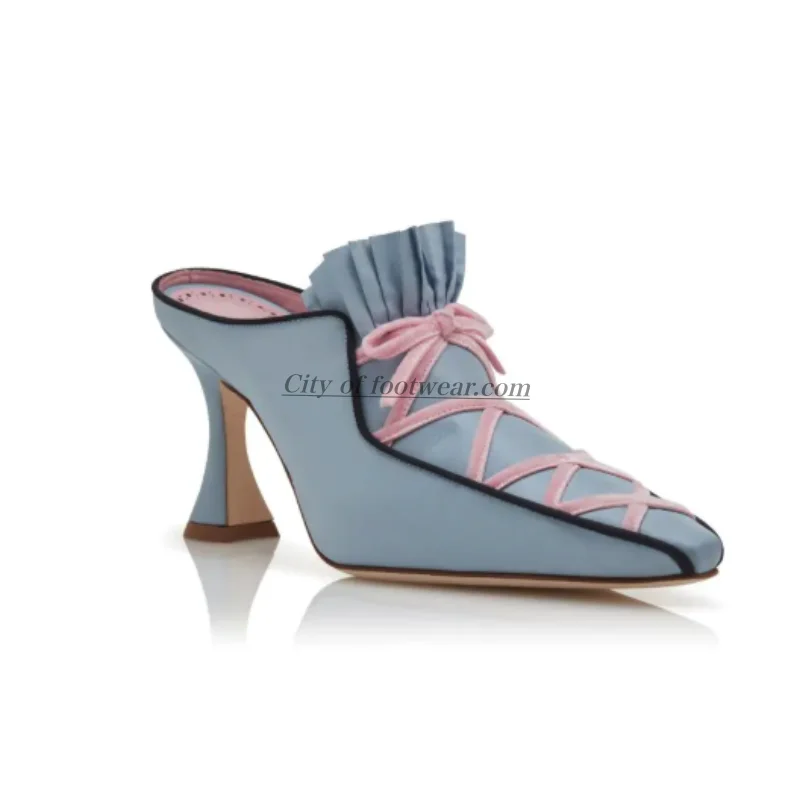2026 New in Baby blue/pink Women's lace up bow mules silk high heels luxury designer party elegant shoes view 2