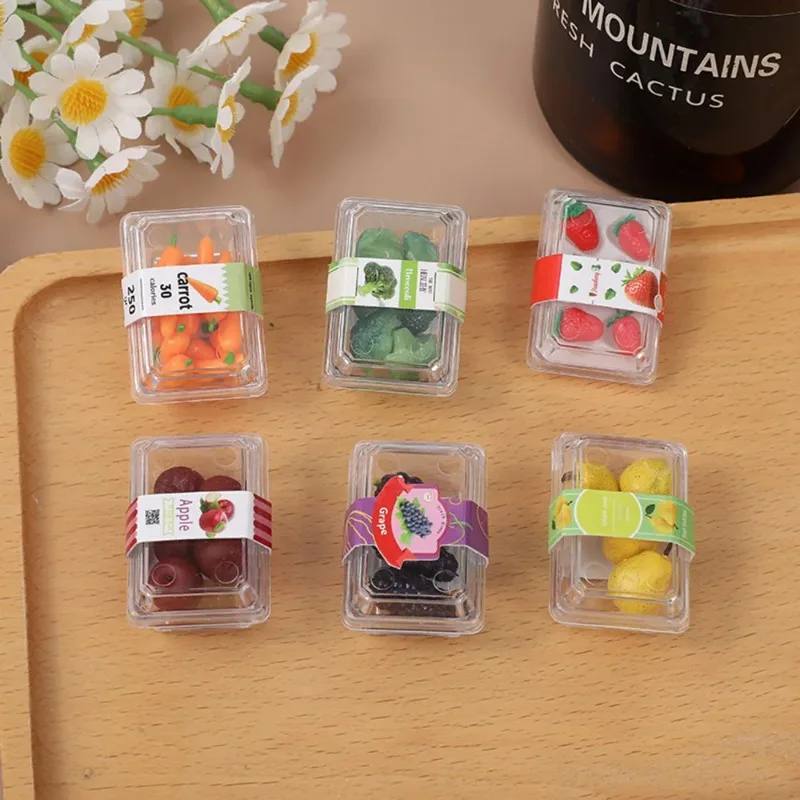 6Pcs Mini Food Dollhouse Playset, Plastic Fruit Vegetable Model Box For Supermarket Scene Decoration