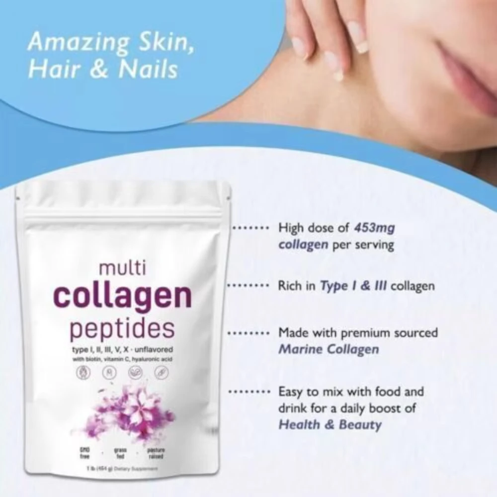 454g Multi Collagen Protein Peptides Powder (Type I,II,III,V,X) with Biotin 10000mcg, Vitamin C, Reduce Fine Lines & Tighten Ski