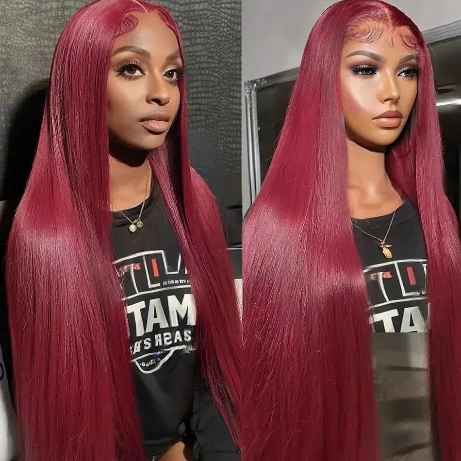 

99J Бордовые прямые человеческие волосы Парики 100% 13X6 Hd Парик фронтальной части шнурка Красный цвет Предварительно сорванный бразильский парик фронта шнурка Плотность 250