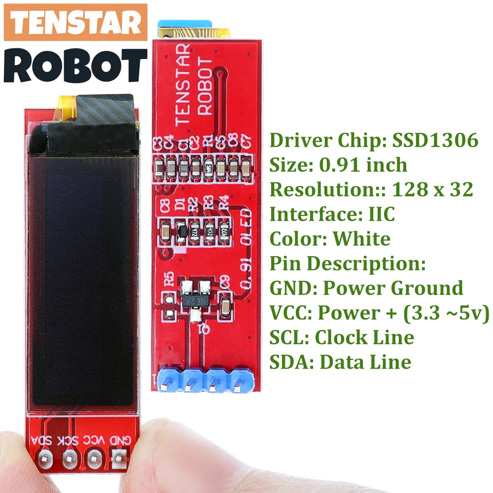 TENSTAR 5pcs 0.91 Inch OLED Module SSD1306 Driver Chip I2C 0.91