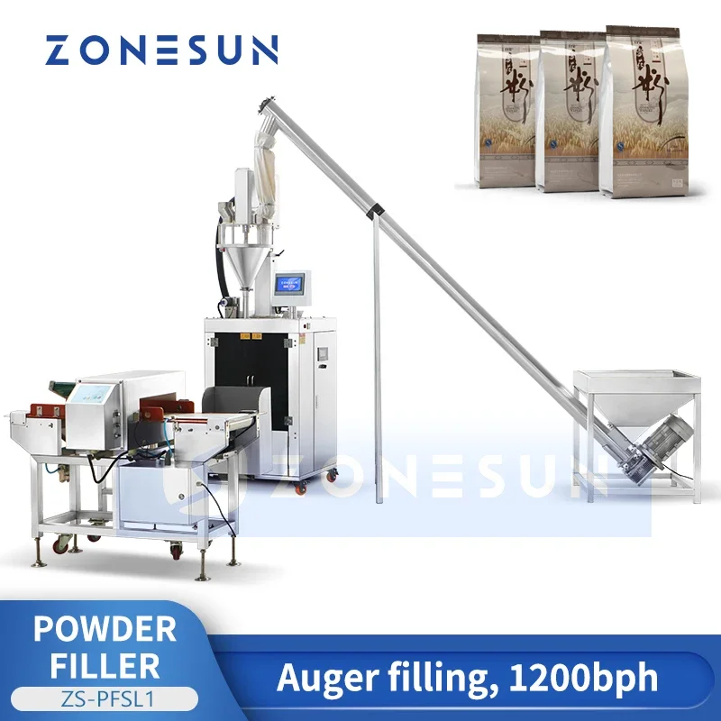 ZONESUN Automatic Auger Filler Spice Chili Powder Filling Packing Machine with Conveyor Metal Detector ZS-PFSL1