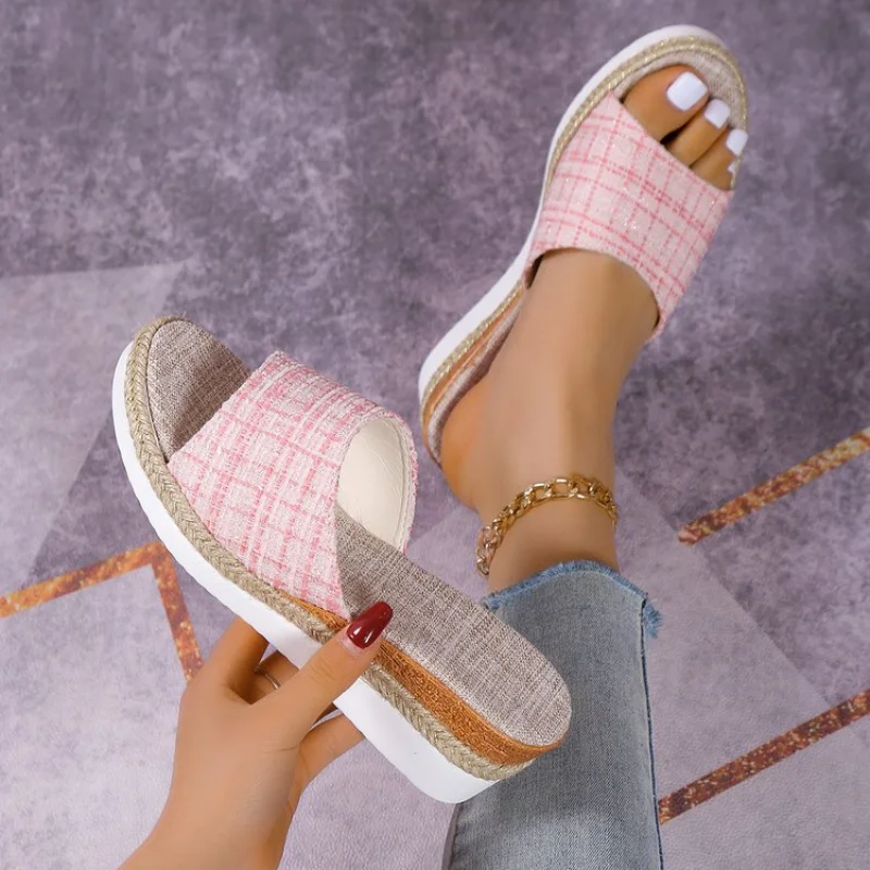 Women Woven Wedge Slide Sandals, Platform Muffin Slides, Summer Thick Sole Elevated Open Toe Outdoor Beach Slippers