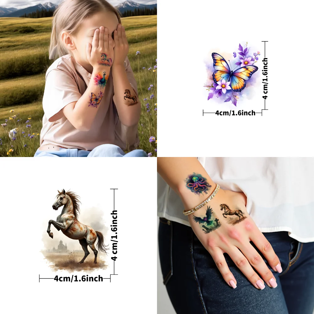 63pcs Waterproof Temporary Tattoo Stickers Mixed Animals Watercolor Fake Tattoos Lion Wolf Butterfly Body Art Decals