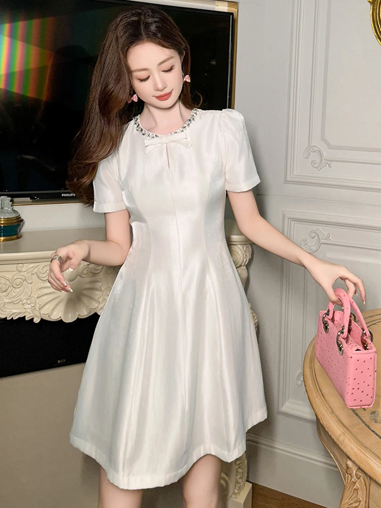 Frauen Französisch Nette Prinzessin Kleid Frau Elegante Schöne Weiße Schleife Hohl Cut Out Blase Hülse Ballkleid Datum Party Vestido Dame