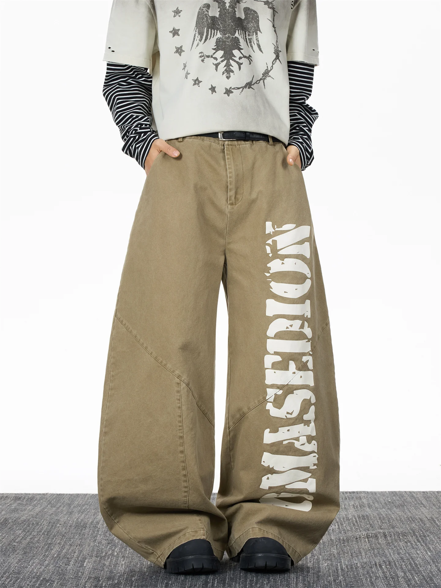 

American Letter Print Khaki Jeans Men Deconstructed Loose Slim Wide Leg Boys Knife ape Long Trousers Trendy Straight Tube
