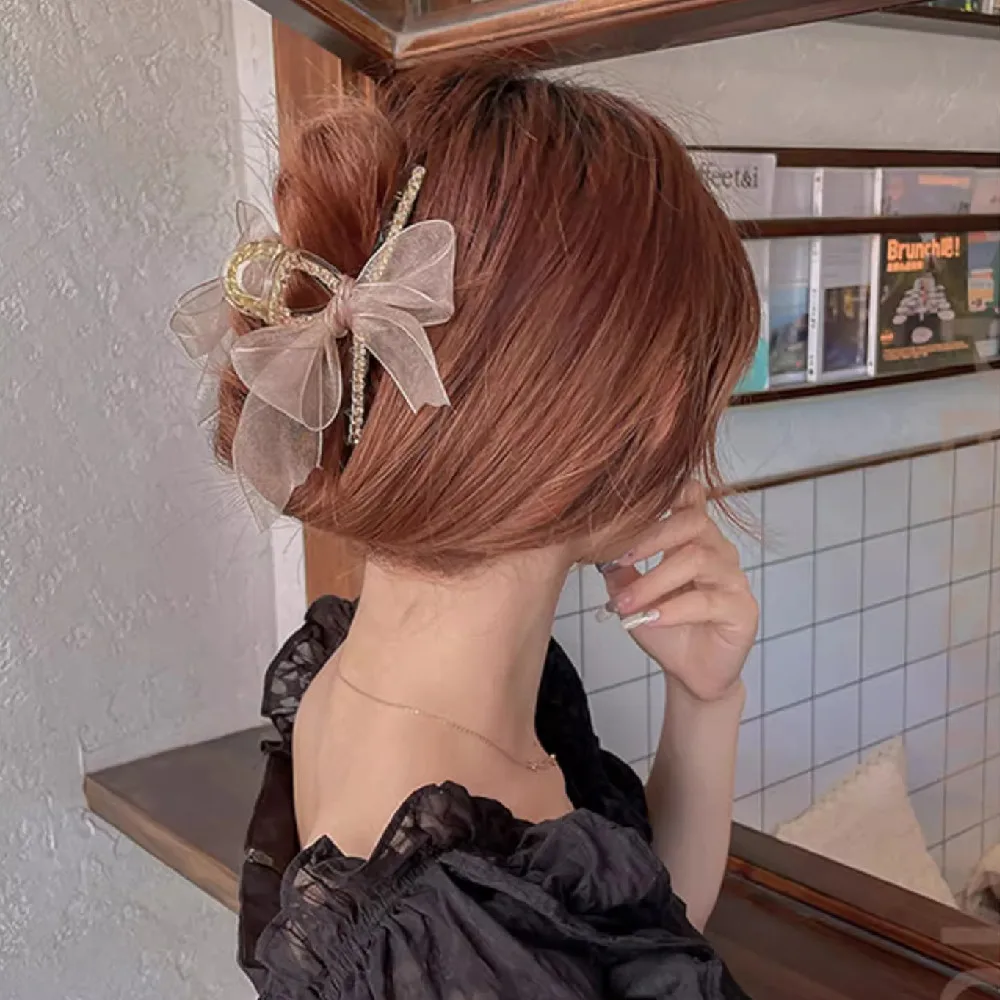 Mesh bow grab clip feminine simple temperament back head hairpin headgear shark clip