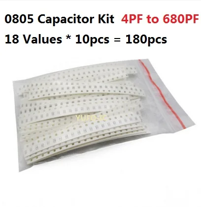 18 Values*10pcs=180pcs SMD 0805 Capacitor Kit 4PF-680PF  Assorted Kit Set 8PF 10PF 12PF 15PF  20PF 27PF 30PF 33PF 51PF 56PF