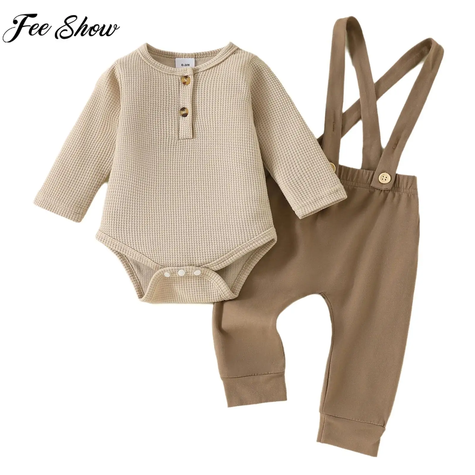 

Baby Boys Casual Outfit Long Sleeve Knit Romper with Suspender Pants Spring Autumn Costume Set Daily Wear Homewear Streetwear