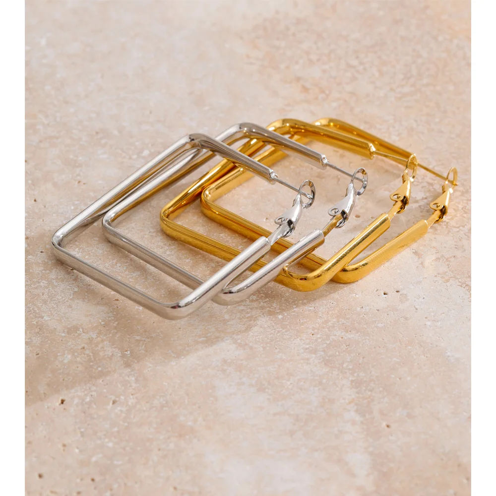 Yhpup 40*40mm Daily Stainless Steel Square Hollow Hoop Earrings for All Occasions Waterproof Versatile Minimalist Basic Jewelry