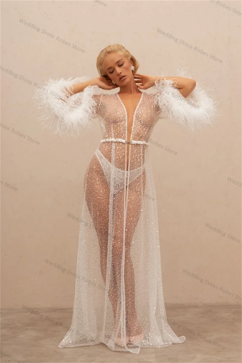 Vestido de fiesta de plumas blancas brillantes para mujer, vestido de noche transparente, vestidos de novia, ropa de dormir Sexy, cuello en V, batas de fiesta hechas a medida