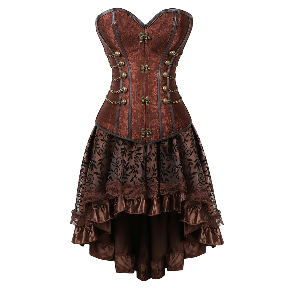 Brown Medieval Gothic Steampunk Faux Leather Overbust Corset With Skirt  Plus Size Pirate Costume Dress