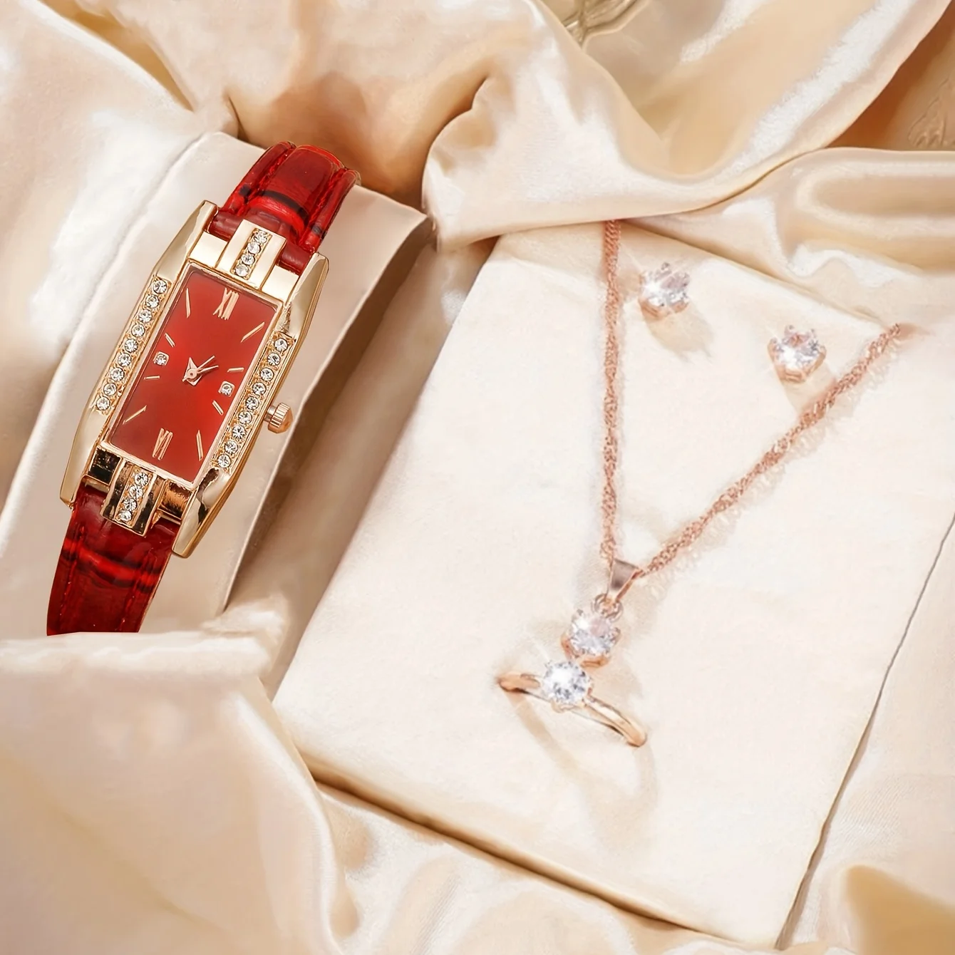 Luxury Rhinestone Quartz Watch Baroque Fashion Analog PU Leather Wristwatch & 4pcs Jewelry Set, Gift For Mom/Her