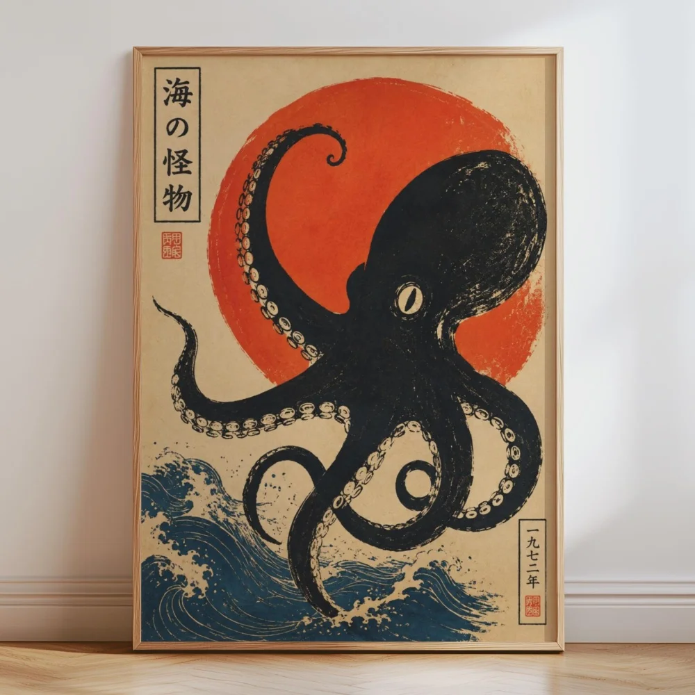Retro Japanese Ukiyo-e Sea Monster Bonsai Flying Cranes Wave Canvas Painting Wall Art Poster Picture Home Decor Mural Cuadros