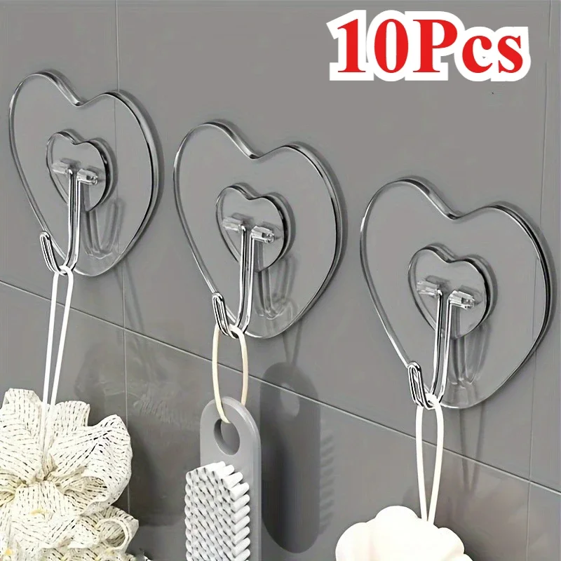 Crochets auto-adhésifs transparents, 10 pièces, crochets muraux épais en forme de cœur pour le rangement de la cuisine et de la salle de bain