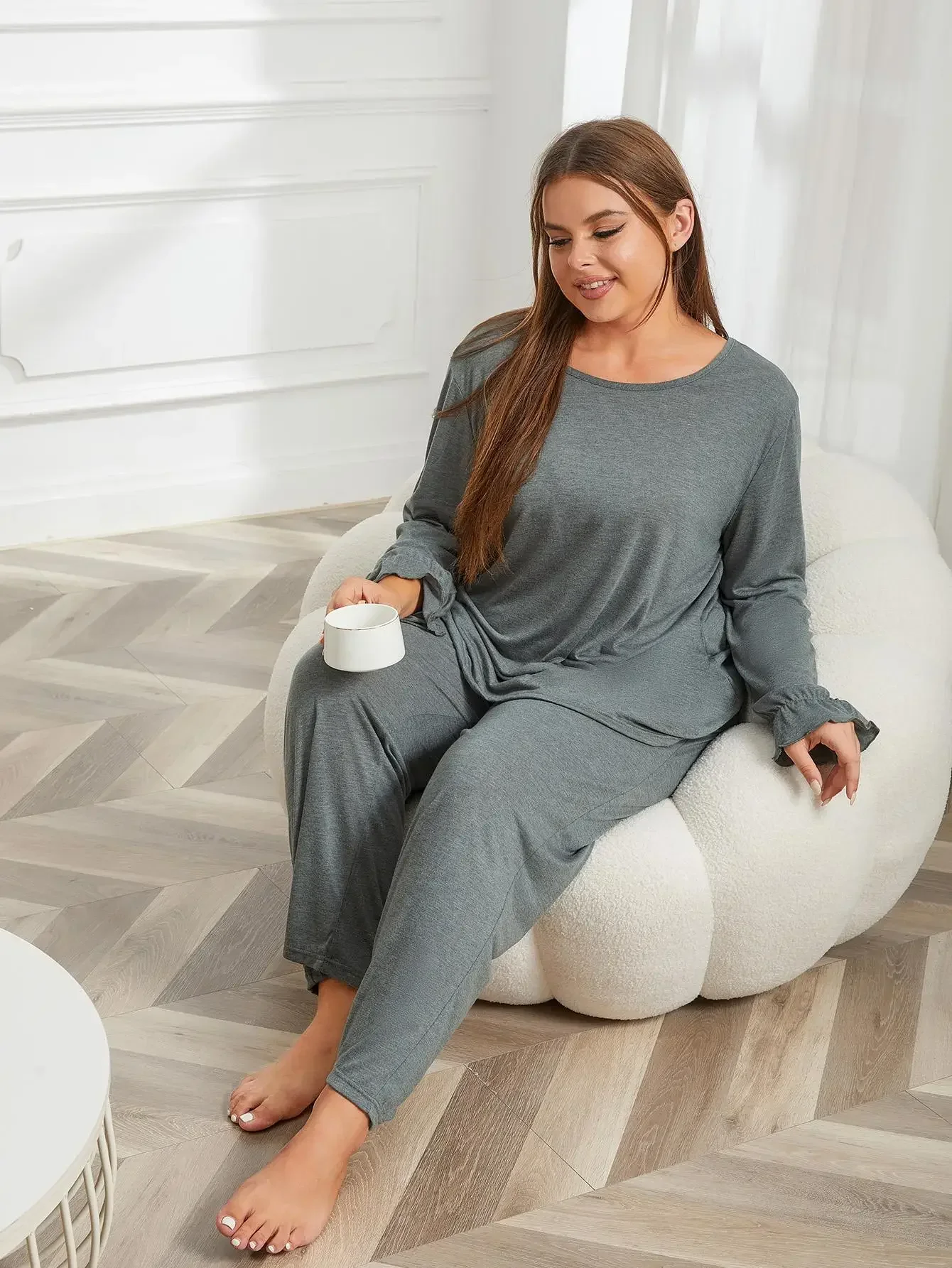 Plus Size Women Pajama Set Solid Long Sleeve Top&Full-Length Pants Female 2 Pieces Sleepwear Ruffle Fall Nightwear Homwear Cloth