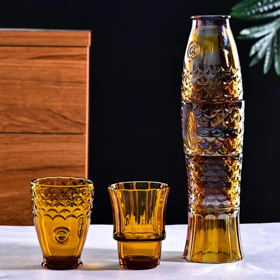 Vintage Japanese Relief Koi Fish Shaped Water Glass Set Of 4 Whiskey Red Wine Glasses For Home Living Room Bar Decor Gift Party
