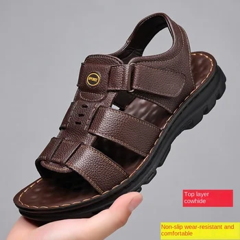 남성용 천연 가죽 샌들, 후크 및 루프, 외부 소가죽 슬리퍼, 부드러운 밑창, 미끄럼 방지 캐주얼 샌들, 여름 디자이너 