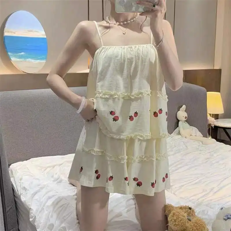 Pajama Sets Women Summer Thin Sweet Cute Strawberry-print Fungus Edge Sleeveless Kawaii Student All-match Leisure Elegant Tender