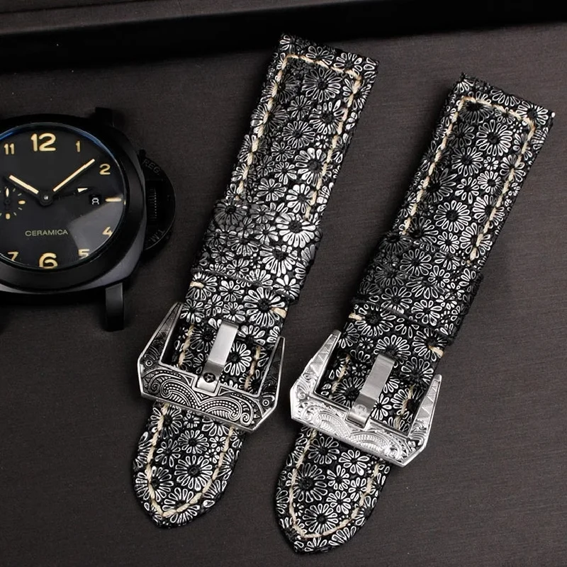 Для любого бренда, ретро цветок, натуральная кожа, ремешок для часов Panerai Diesel Huawei GT/GT2, мужской ремешок, браслет, аксессуары