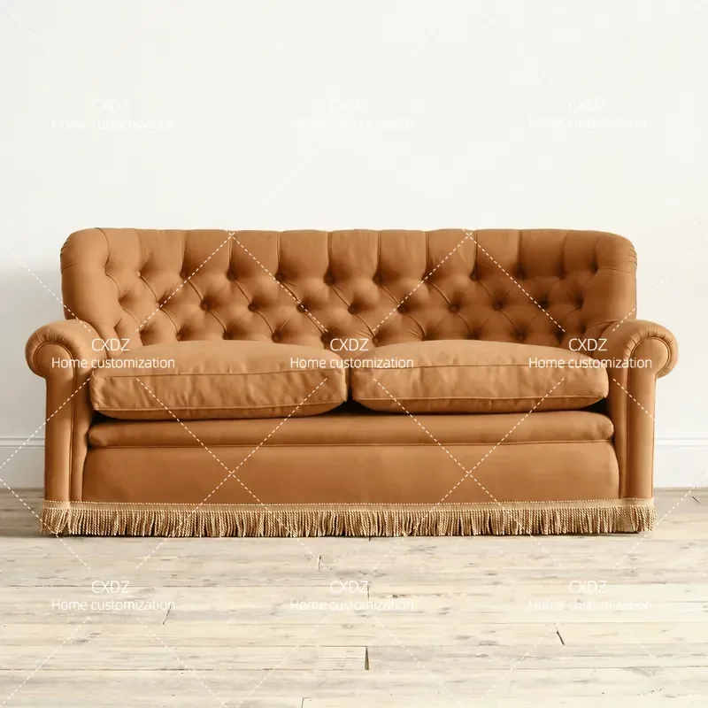 Retro Fabric Sofa Solid Wood Frame Tassel Decor 3 Seater Straight Couch for Villa Living Room American Country Style