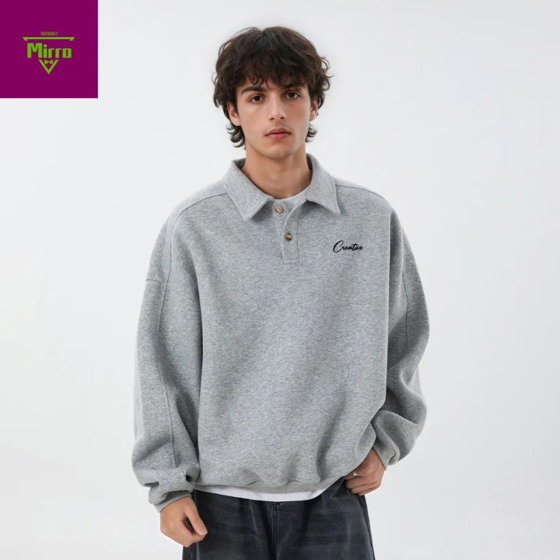 

【Mirrordust】Осенний новый американский ретро уличный свободный поло с длинными рукавами, деловой повседневный пуловер, толстовка