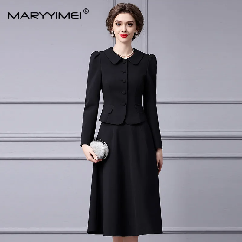 MARYYIMEI New Fashion Runway Designer Women's Commuter Single-Breasted Lapel Puffy Sleeve Short Top+A-Line Skirt 2-Piece Set