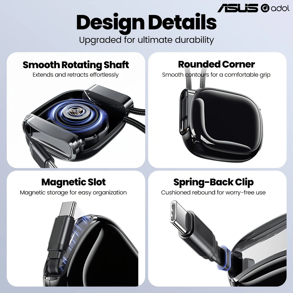 ASUS Retractable USB‑C to USB‑C 240W 5A PD Braided Fast Charging Data Cable for IPhone17 Pro Max Samsung Xiaomi Huawei Android