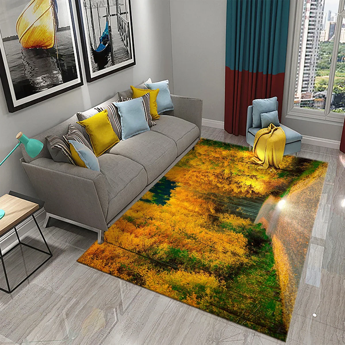 Forest Carpet Landscape Tree Fallen Leaves Sunset Carpet for Living Room Bedroom Bathroom Entrance Anti-slip Carpet Home Decor