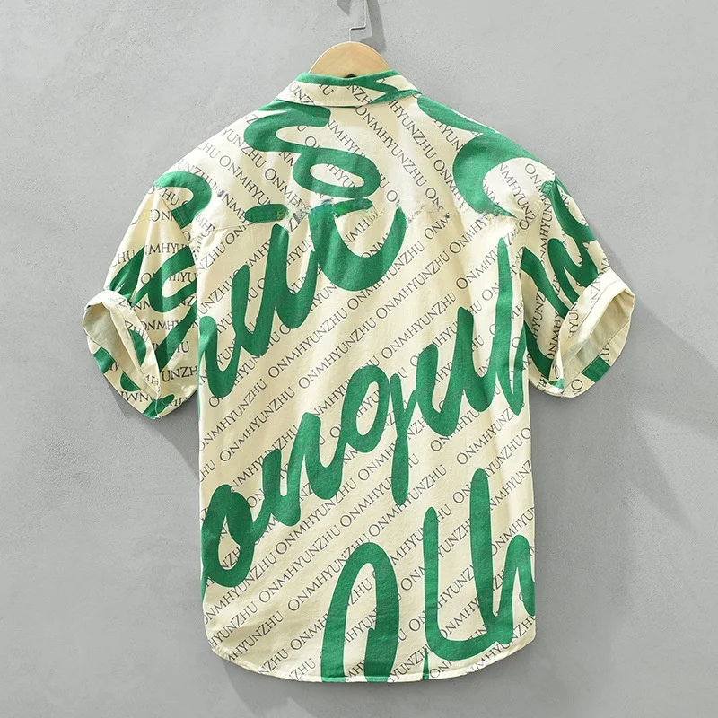 Summer New Style Japanese Color Block Letter Print Casual Cotton Short Sleeve Men's Shirt Fashionable Design Comfortable Pure...