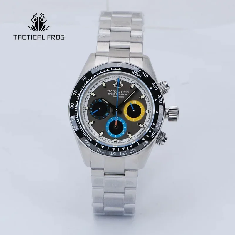 Tactical Frog 41mm Watch For Men Panda Chronograph VS75A Solar Quartz Movement Sapphire C3 Luminous 200M Waterproof Men\'s Watch