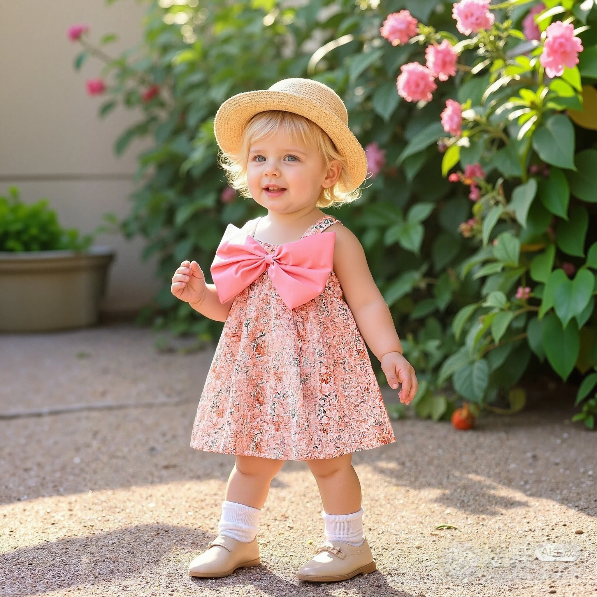 

2-Piece Set Of Summer New Big Bow Full Body Printed Small Skirt For 0-2 Year Old Baby Girls Suspender Dress With Straw Hat