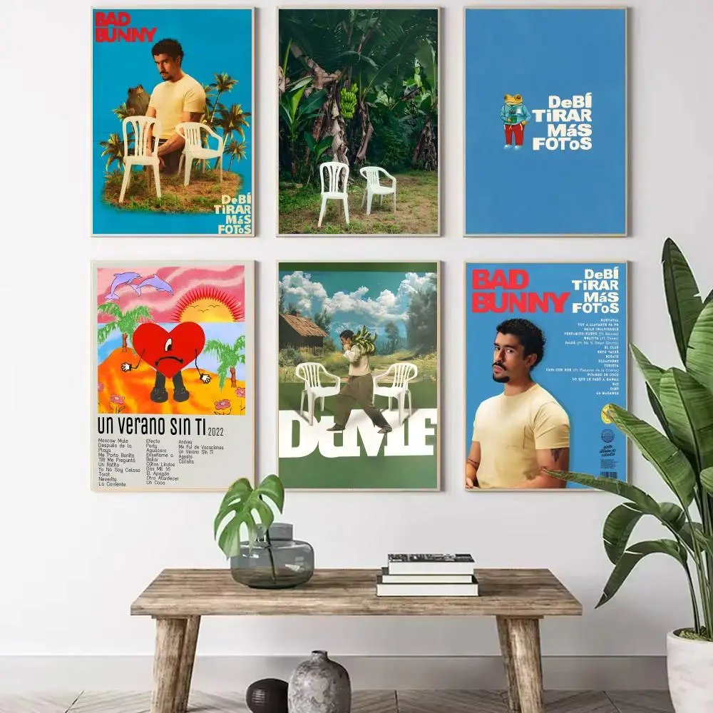 Bad Bunny Debi Tirar Mas FotoS Painting Calligraphy Canvas Poster Wall Art Aesthetic Home Decoration for Living Room