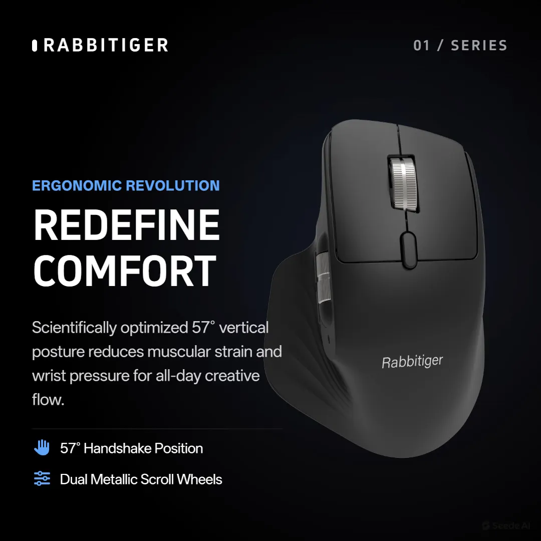 Rabbitiger 3‑Mode Wireless Ergonomic Mouse Bluetooth 5.0/3.0 2.4G Wired Multi‑DPI 800‑3200 Side Scroll Wheel Rechargeable Comput view 4