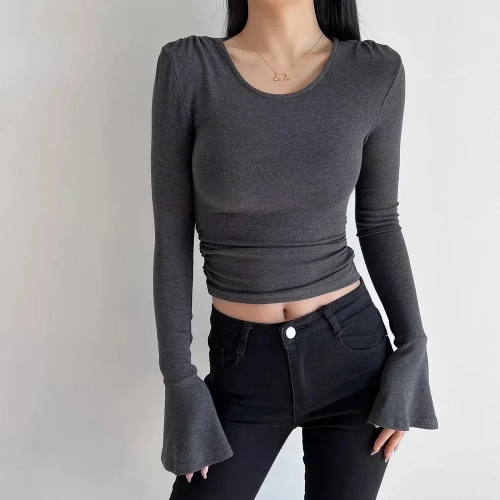 

Women's 2024 Spring/autumn New Spicy Girl Light Mature Style Long Sleeve Top Round Neck Pleated Slim Solid T-shirt C549