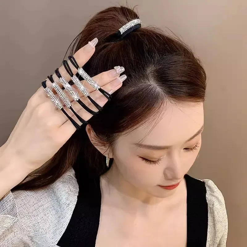 Women Crystal Rhinestone Elastic Hair Rope Female Seamless Rubber Band Tie Ponytail Hair Ring Tie Simple Hair Accessories