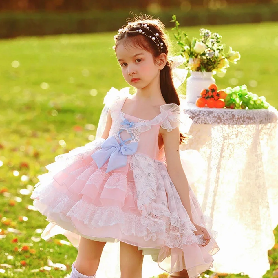 Bonito rosa flor menina vestido de manga curta tule renda com arco para festa de aniversário de casamento pageant crianças princesa vestido de baile