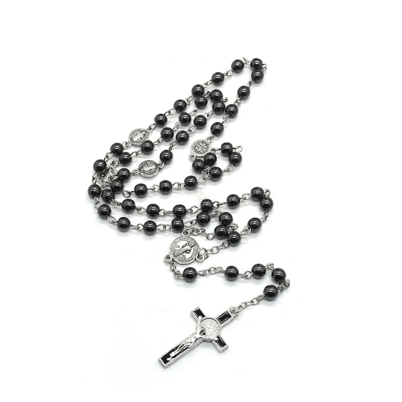 Catholic Rosary Prayer Necklace Mary Blessing Black Gallstone for Cross Pendant Necklaces Round Beads Long Chain Jewelry