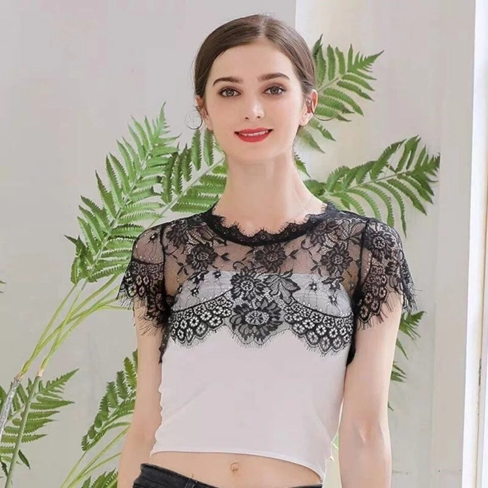 New Korean Style Lace Cover up Short Sleeve round Neck Hollow out Fake Collar Women's Top Versatile Base Layer Summer T-Shirt