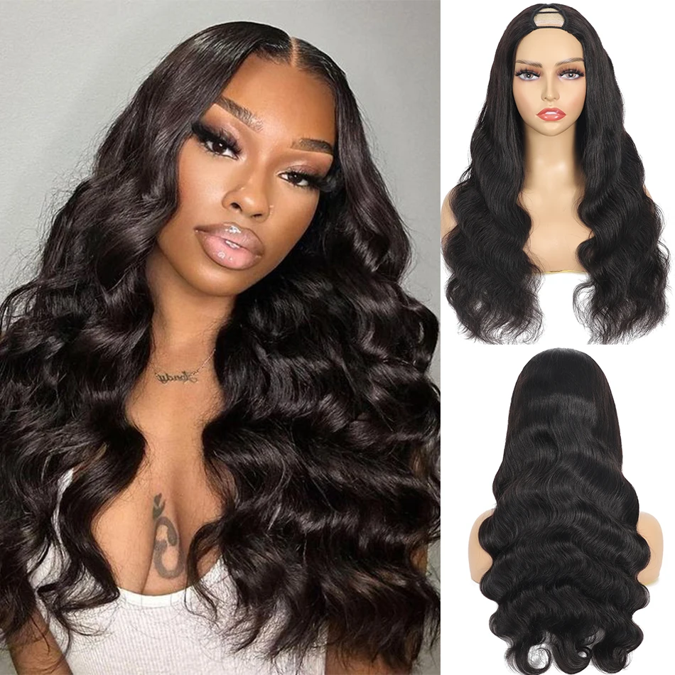 

100% Virgin Human Hair Body Wave V Part Wigs Wear Go Glueless 180% Density Natural Black Upgrade U Part Body Wave Hair Half Wigs