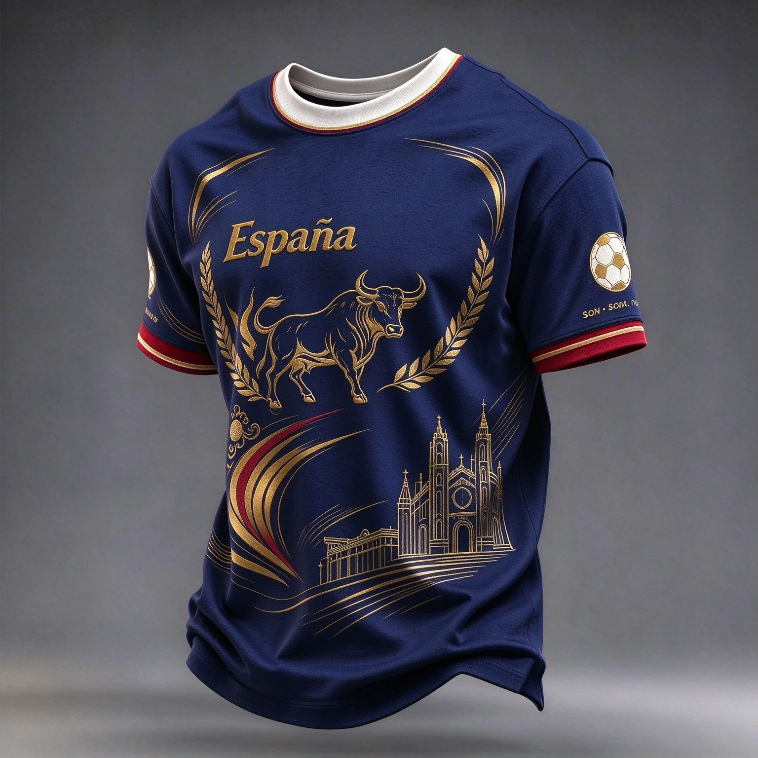 Vintage Spain Football Men T-Shirt, Golden Wheat Wreath Bull Landmark Print Fan Daily Wear Short Sleeve Jersey, Multi Colors