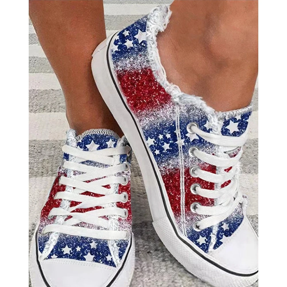 Women Going Out Independence Day Flag Print Ombre Raw Hem Sneakers Spring Fashion Casual Round Toe Lace Up Shoes Flats Canvas