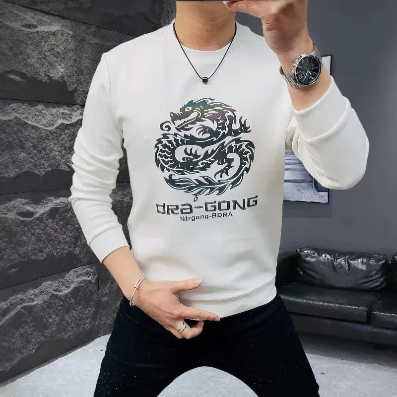 Men Round Neck Sweatshirt Trendy and Versatile Slim Fit Casual Long Sleeved Pullover Bottoming Shirt Retro Print Tracksuit Tops