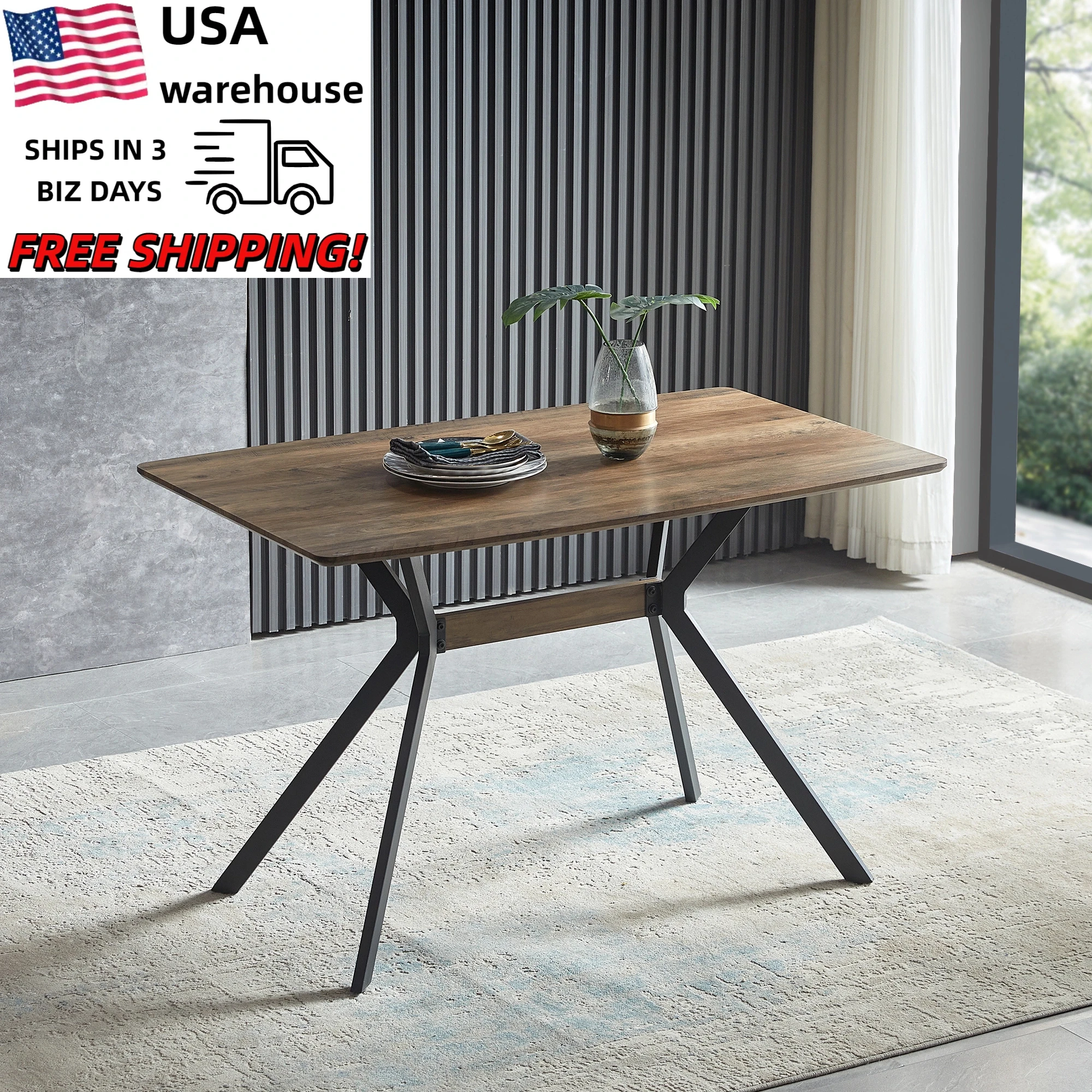 

Stylish Modern Wooden Dining Table with Metal Leg Table Set for Dining Room Furniture Ready to Ship