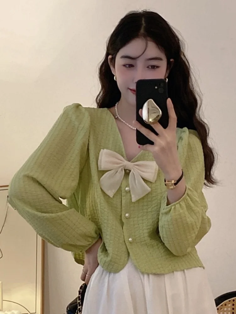 Woherb Summer Solid Bow Sweet Blouses Women Button Chic  Female Korean Fashion Lantern Sleeve Loose Elegant  2024